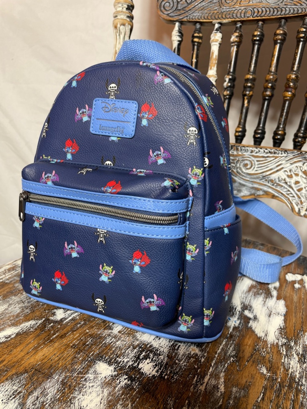 Loungefly Disney Navy & Light Blue Stitch & Angel Costumes Mini Backpack, EUC!
